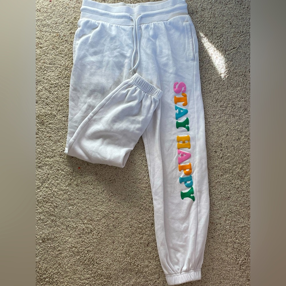 white stay happy sweatpants
